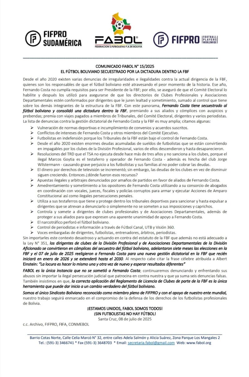 Comunicado 15/2025 de <a href="/fabol_Bolivia/">Federación S. de Futbolistas P. de Bolivia</a>