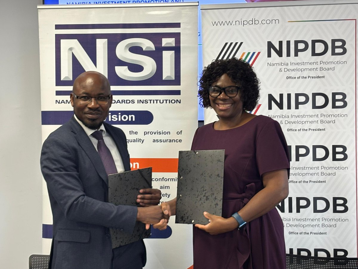 NIPDB's tweet photo. STRENGTHENING STANDARDS FOR SUSTAINABLE GROWTH | @NSI_Namibia and NIPDB have officially signed a Memorandum of Understanding (MoU) to enhance collaboration in promoting quality assurance and compliance among Namibian enterprises. #InvestNamibia #EconomicGrowth #MadeInNamibia https://t.co/fAyYu5z25i