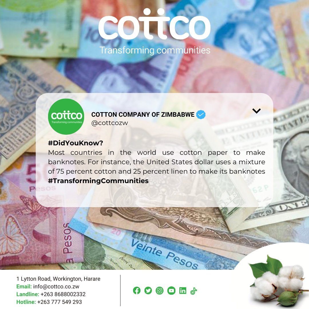 #DidYouKnow?
Most countries in the world use cotton paper to make banknotes. For instance, the United States dollar uses a mixture of 75 percent cotton and 25 percent linen to make its banknotes
 #TransformingCommunities