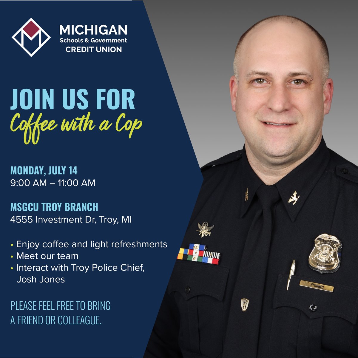 Our branch office in Troy is hosting Coffee with a Cop ☕👮 on July 14! We’re excited to have Troy Police Chief, Josh Jones, join us for this special event.