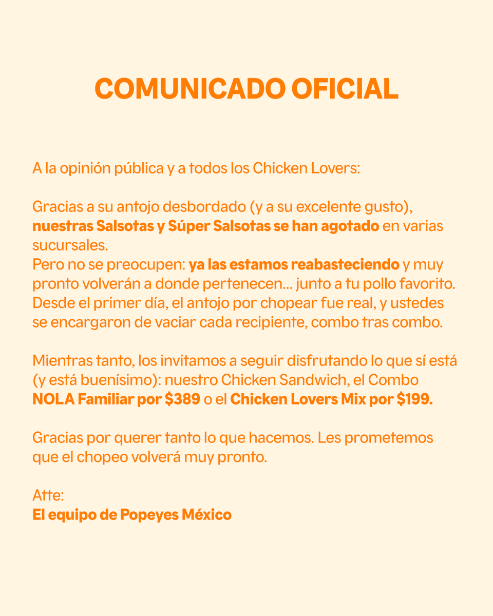 Gracias por tanto antojo, Chicken Lover 🧡
Las Salsotas y Súper Salsotas no se acabaron,
solo se están reabasteciendo.
Muy pronto volverás a chopear como te gusta 💦🍗