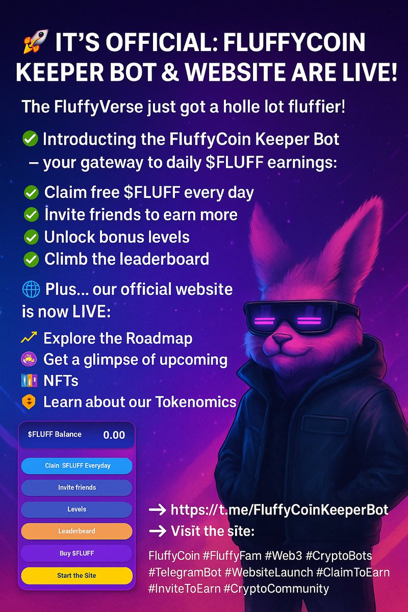 fluffycoin92's tweet photo. ➡️ Start now with the bot: https://t.co/PohZ9uIqwG
➡️ Visit the site: https://t.co/SggJsw8Sqa 
#FluffyCoin #FluffyFam #Web3 #CryptoBots #TelegramBot #WebsiteLaunch #ClaimToEarn #InviteToEarn #CryptoCommunity https://t.co/HyggduVAjq