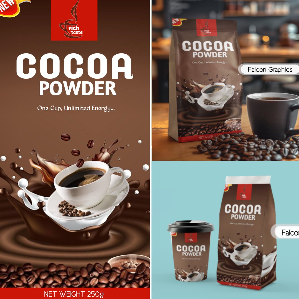 philemonobeng7's tweet photo. ☕ Day 3 of 7 – Packaging Design Challenge
Designed “Rich Taste” Cocoa Powder 🔥
Warm. Bold. Ready to serve.
Would you try this?

#FalconGraphics #CocoaPackaging #PackagingDesign #DesignInPublic #Day3 https://t.co/xgEwOKRbX8