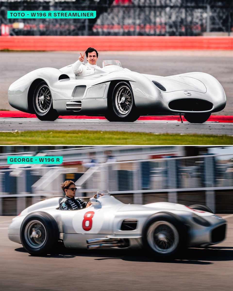 MercedesAMGTR's tweet photo. 🏁 Geçmişin Efsaneleri, Bugünün Yıldızlarıyla Buluşuyor!
Toto Wolff, W196 R Streamliner ile klasını konuştururken, George Russell da efsanevi W196 R'ın direksiyonunda!
Mercedes tarihine selam duruyoruz! 🔥✨
#F1 #MercedesAMGF1 #GeorgeRussell #TotoWolff #SilverArrows #W196 https://t.co/FteYrzDIxt