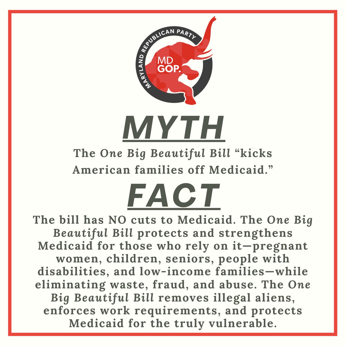 MDGOP's tweet image. Democrats are desperately pushing misinformation to turn the public against President Trump's "One Big Beautiful Bill", so let's debunk some of their lies.
Here are the facts: this new law delivers the largest tax cut in American history, slashes wasteful government spending,…