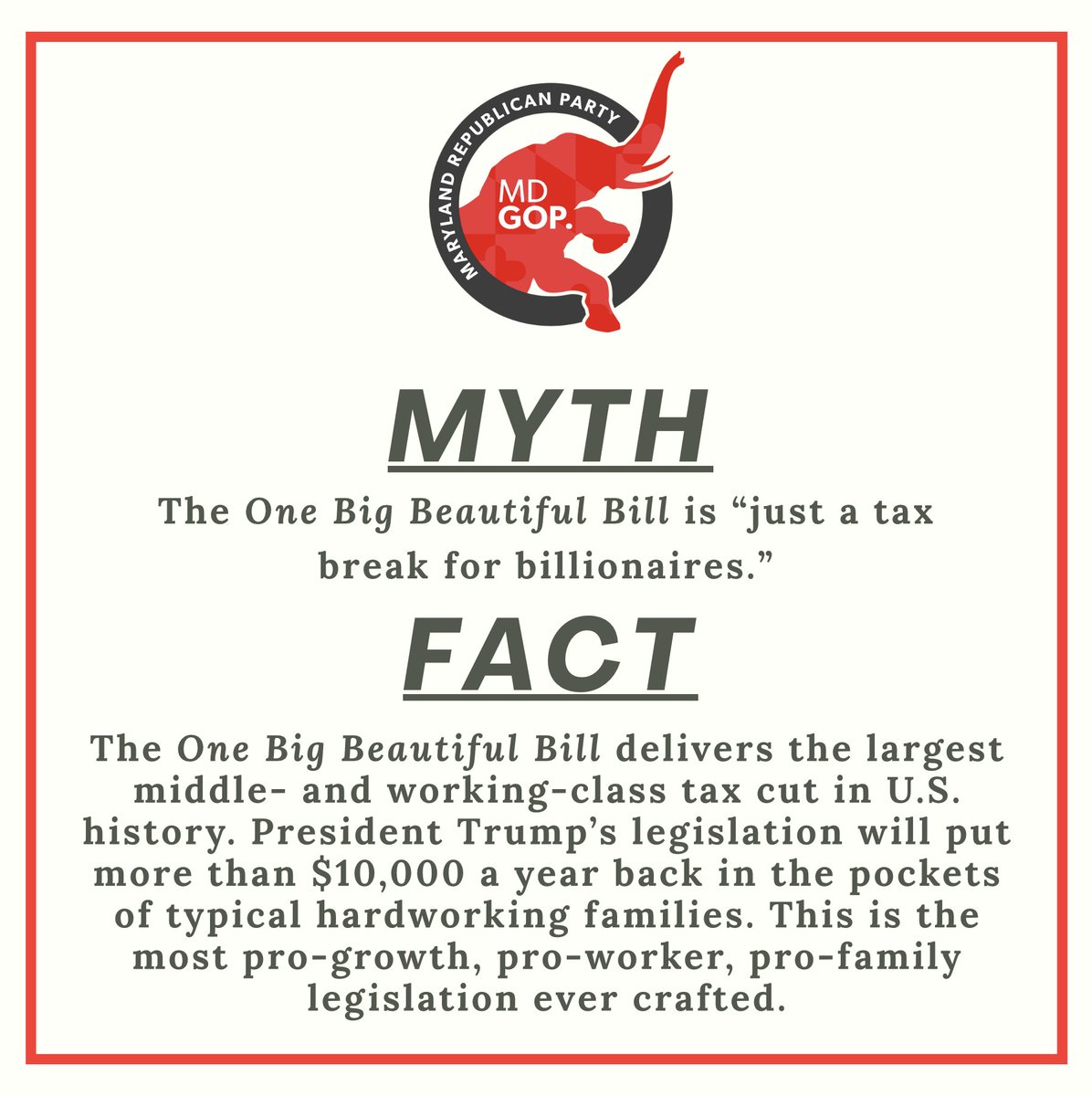 MDGOP's tweet image. Democrats are desperately pushing misinformation to turn the public against President Trump's "One Big Beautiful Bill", so let's debunk some of their lies.
Here are the facts: this new law delivers the largest tax cut in American history, slashes wasteful government spending,…