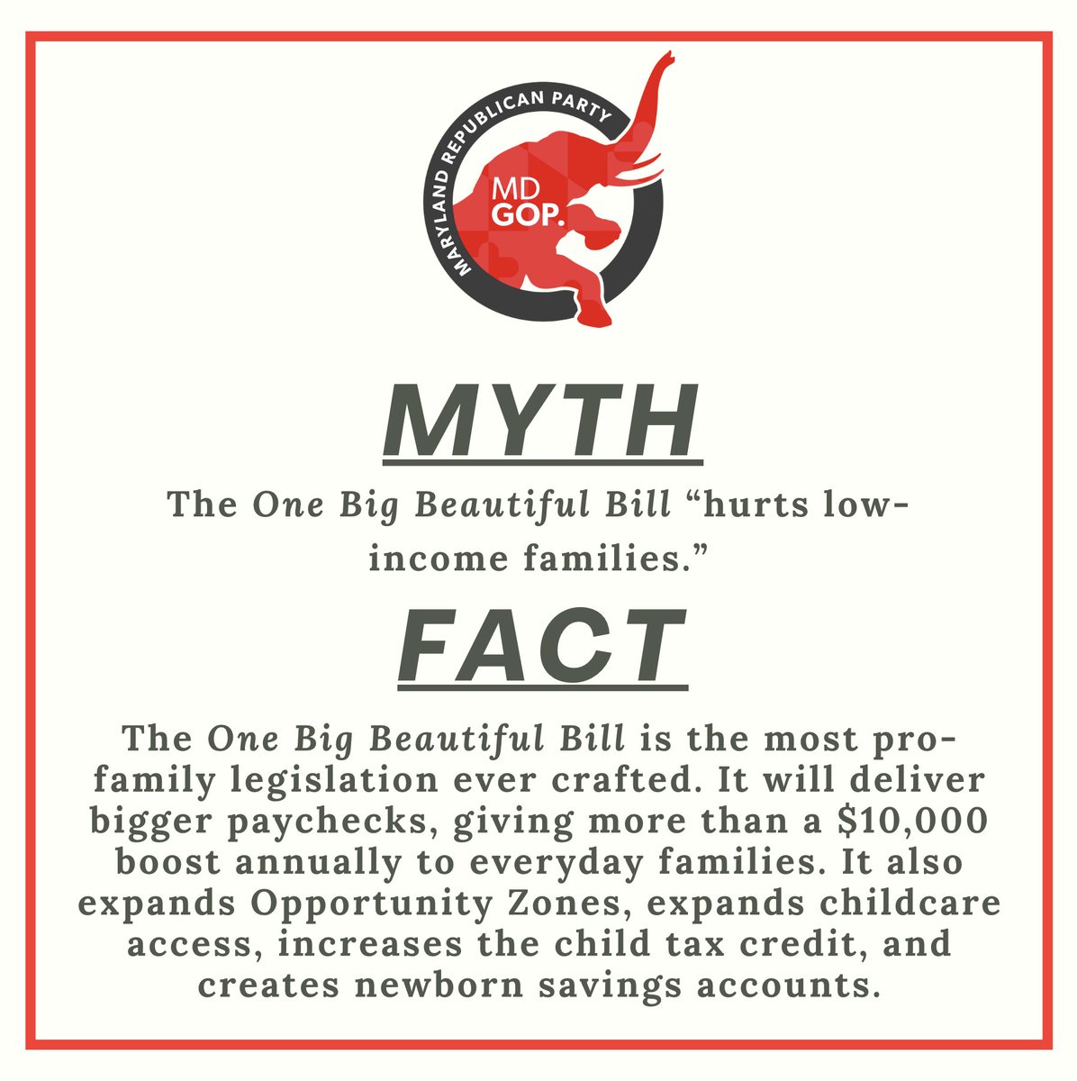 MDGOP's tweet image. Democrats are desperately pushing misinformation to turn the public against President Trump's "One Big Beautiful Bill", so let's debunk some of their lies.
Here are the facts: this new law delivers the largest tax cut in American history, slashes wasteful government spending,…