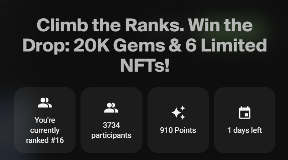 Only 1 Day left!
<a href="/TheTreeverse/">Treeverse</a> Immutable Leaderboards.
Still holding Rank #16... not enough to get those Limited NFTs! 🥲 I really want one of those, advance congrats to the top 6.🥳

<a href="/EndlessCFDN/">Endless Clouds Foundation</a>