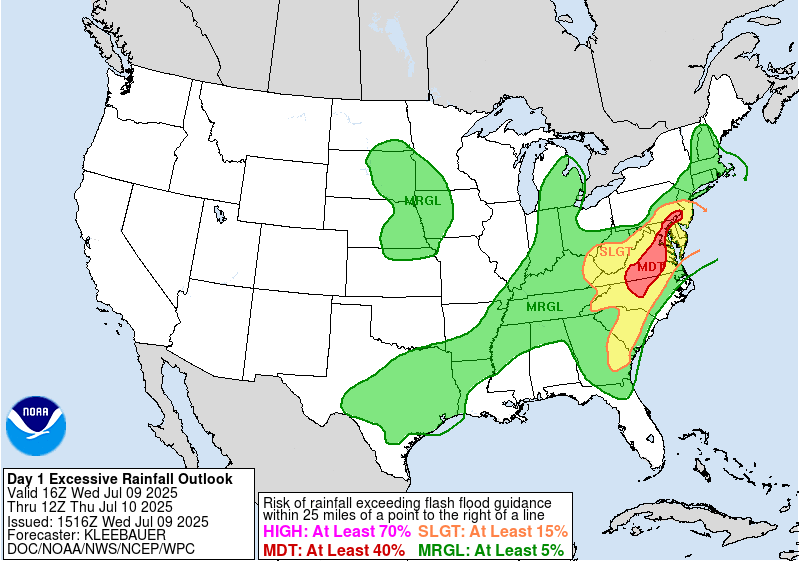 KathrynProciv's tweet image. Big update by @NWSWPC extending the moderate risk for both north and south. Earlier HREF runs for probability of precipitation exceeding 3 hour flash flood guidance highlighting some hot spots like Greensboro-Chapel Hill-Durham and I-95 corridor D.C. to Baltimore up into…
