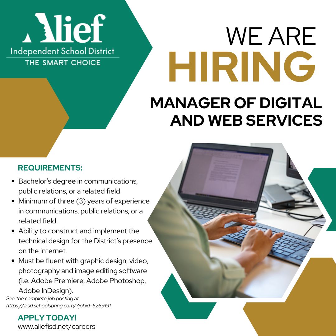 🚨 We’re hiring! The Alief ISD Public Relations department is seeking a Manager of Digital &amp; Web Services to help shape our online presence and tell our story in compelling ways. Ready to lead, create, and innovate? Apply now and make an impact! #AliefISD #NowHiring #SchoolPRJobs