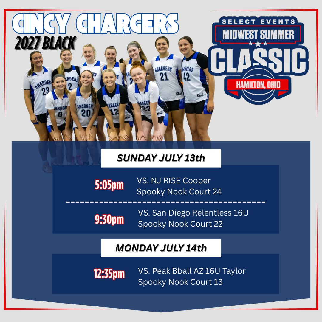 Our Chargers teams will be in Louisville for the Run4Roses and then back to Cincinnati for the Midwest Summer Classic.  Here is the 2027 Blacks schedule for both.  Come check us out!