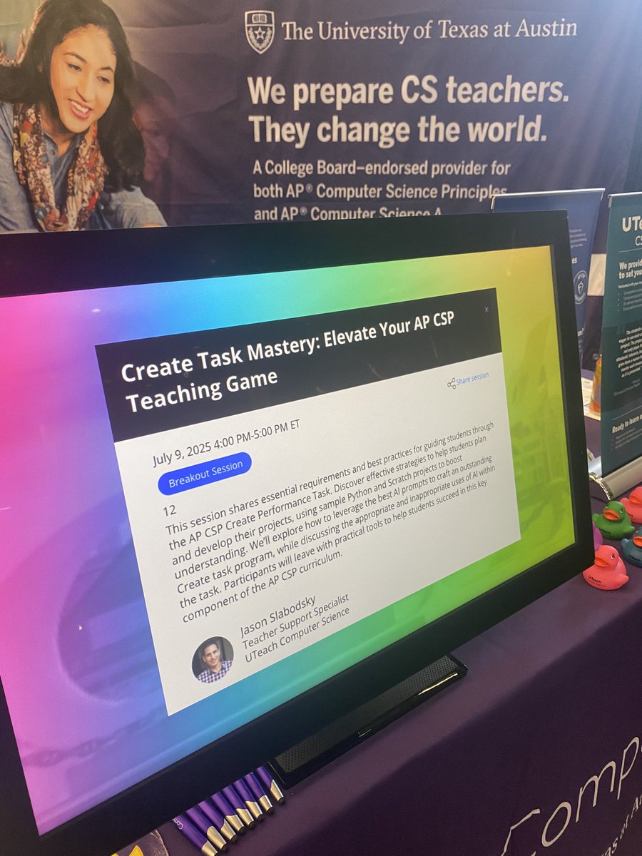 UTeachCS's tweet image. Attention #APCSP teachers at #CSTA2025: 

Join us for a deep dive on the Create Performance Task today at 4pm ⏰

Attendees will get exclusive access to our resources, best practices for proper use of AI, &amp;amp; tips help your students succeed!