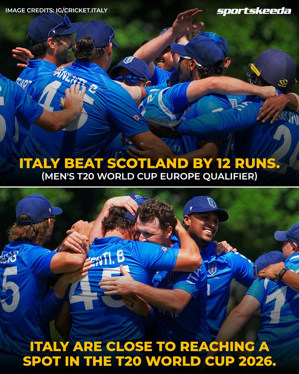 Sportskeeda's tweet image. Italy stun Scotland with a 12-run victory and now need just one more win — or a strong NRR, even in defeat — to qualify for the T20 World Cup 2026 for the first time ever! 🇮🇹🏏

#Italy #T20WorldCup #Qualifiers #Sportskeeda