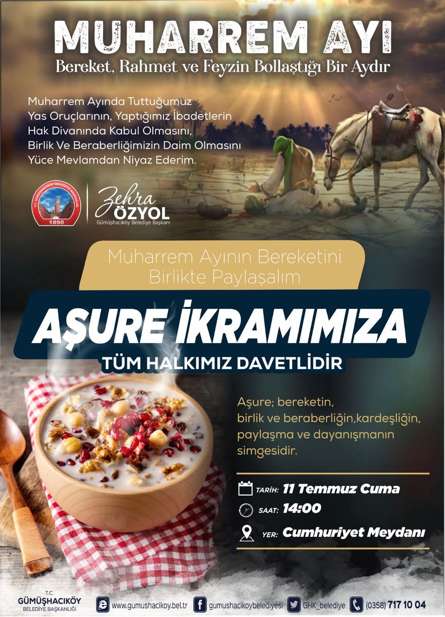 Muharrem ayının bereketini birlikte paylaşalım.

11 Temmuz 2025 Cuma günü saat 14.00 de Cumhuriyet Meydanında yapacağımız  ''Birlik, Beraberlik ve Kardeşlik'' Aşuresini paylaşmaya bekliyoruz.