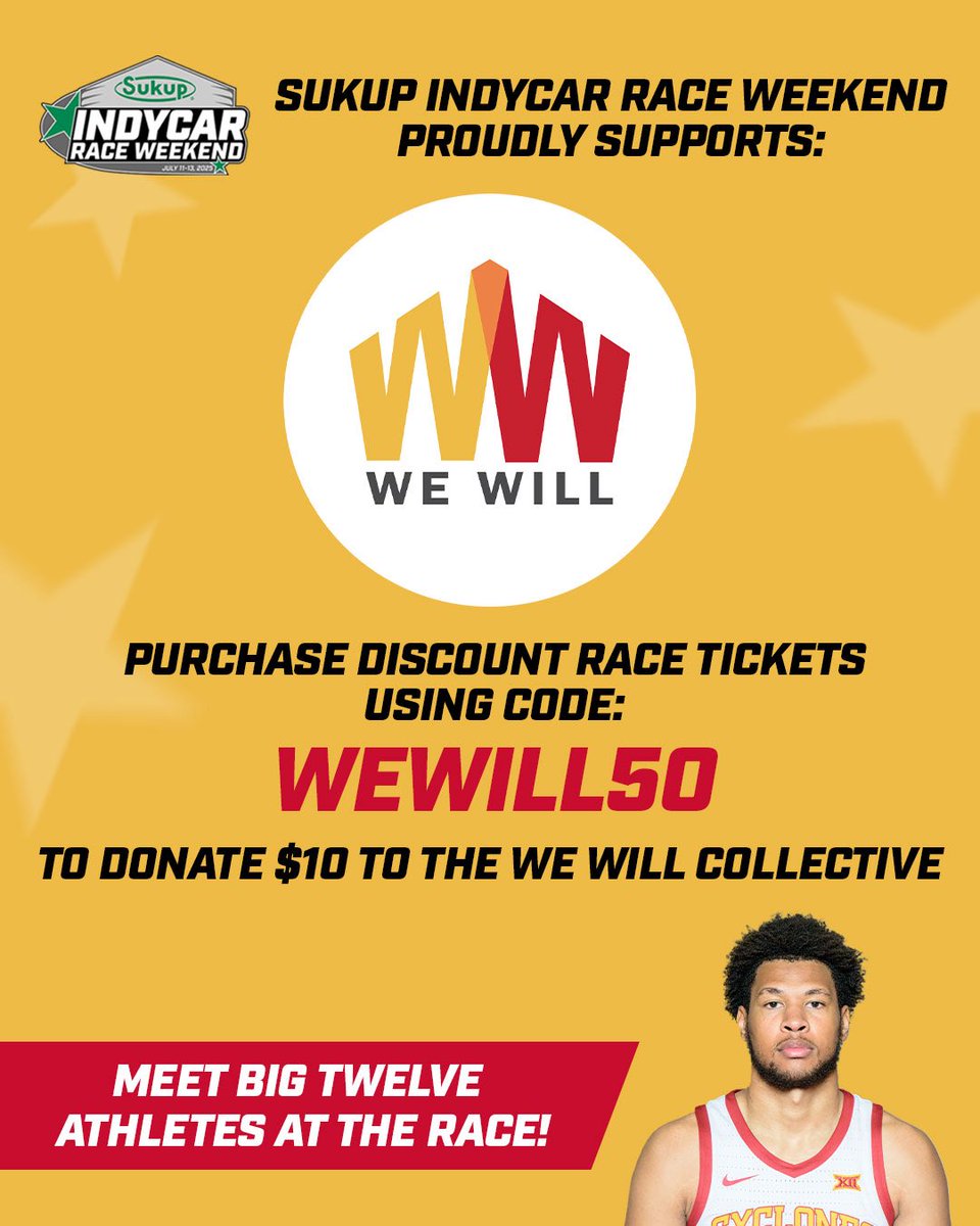 CycloneATH's tweet photo. This weekend @INDYCARatIowa is bringing your favorite Cyclones trackside at Sukup INDYCAR Race Weekend!

Meet athletes from Iowa State during autograph sessions, support our athletes, &amp; score 50% off tickets

🎟️ https://t.co/OhC2cfSVHw | Code: WEWILL50 https://t.co/Kd5YhptScV