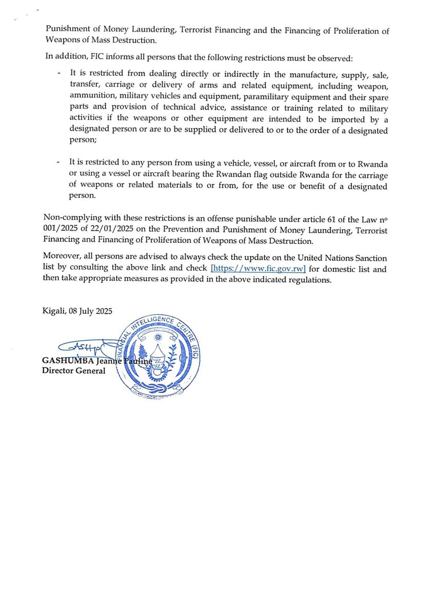 Public notice of 08 July 2025 on targeted financial sanctions related to terrorism, terrorist financing, and proliferation of weapons of mass destruction and its financing.