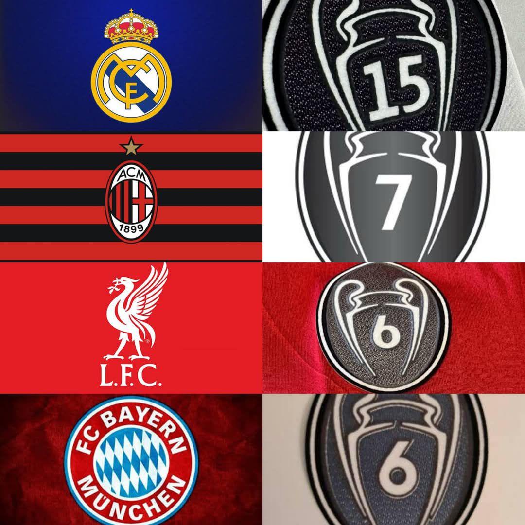 ¡LOS 4 VERDADEROS GIGANTES DE EUROPA!

-Real Madrid: 15 Champions League 
-AC Milan: 7 Champions League 
-Liverpool: 6 Champions League 
-Bayern Múnich: 6 Champions League 

Los demás son modas.

Estos 4 equipos son el verdadero techo del futbol.