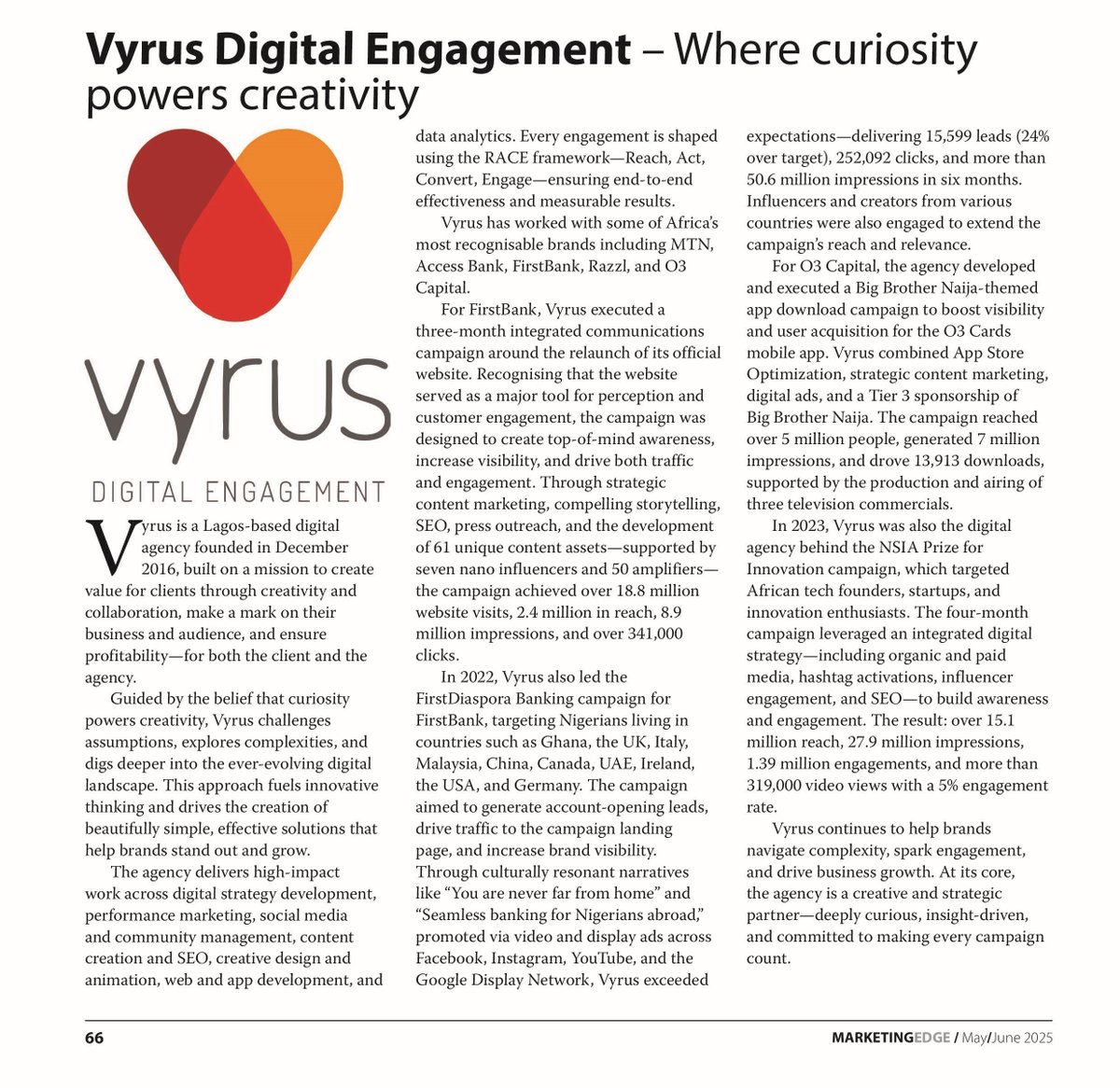 MarketingEdgeM's tweet photo. Where curiosity meets massive impact!
Vyrus Digital Engagement is setting new benchmarks in digital marketing.
Read all about their unique approach and real results in the current MARKETINGEDGE magazine!
#VyrusDigital #MarketingResults #Nigeria #MARKETINGEDGE https://t.co/gHwgBEgvUR