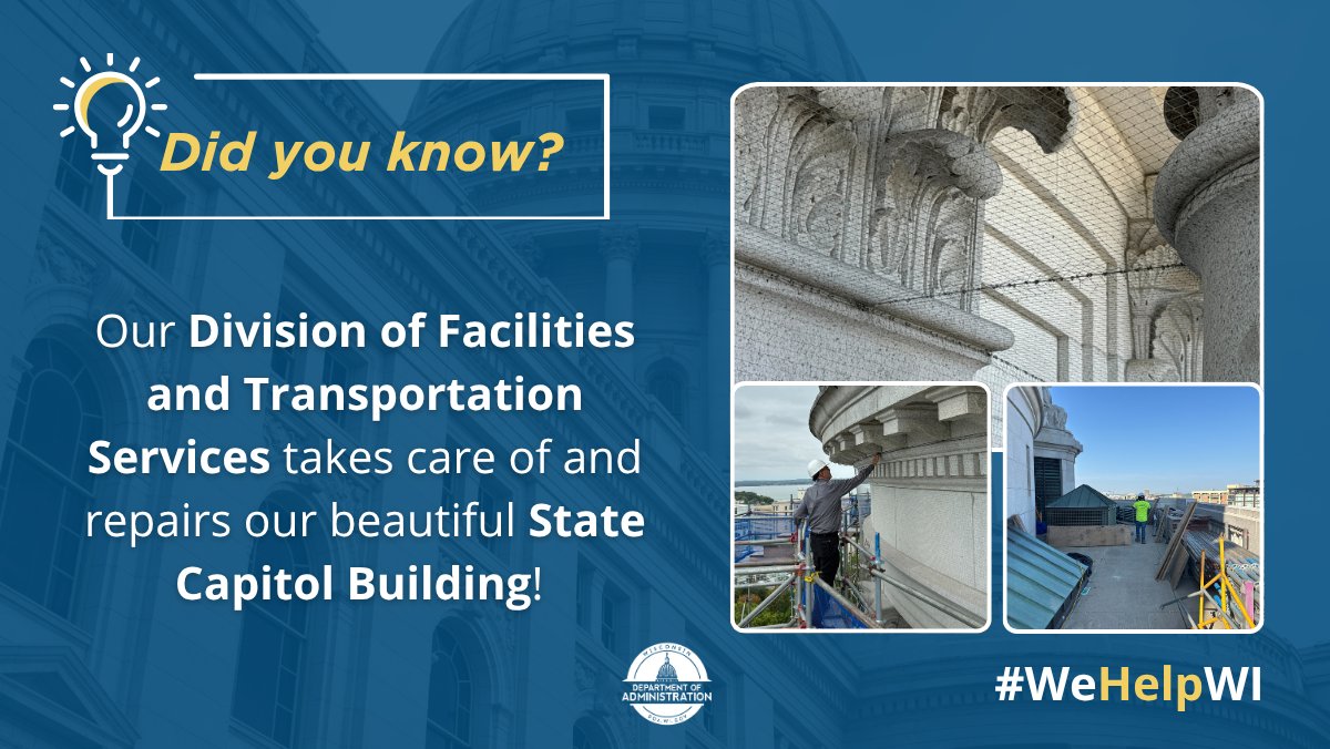 WisconsinDOA's tweet image. DYK? Our State Capitol building is maintained by talented and dedicated employees at our Division of Facilities and Transportation Services! Most recently, they installed new bird deterrent netting while performing minor repairs. Thank you for all your hard work! #WeAreDOA