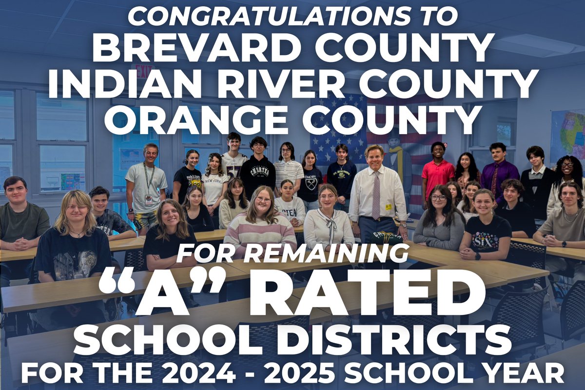 Congratulations to Brevard, Indian River, and Orange County Schools on continuing their streak of excellence with another year of “A” ratings!

Our students, teachers, and families are second to none.

Florida is leading the way in education!