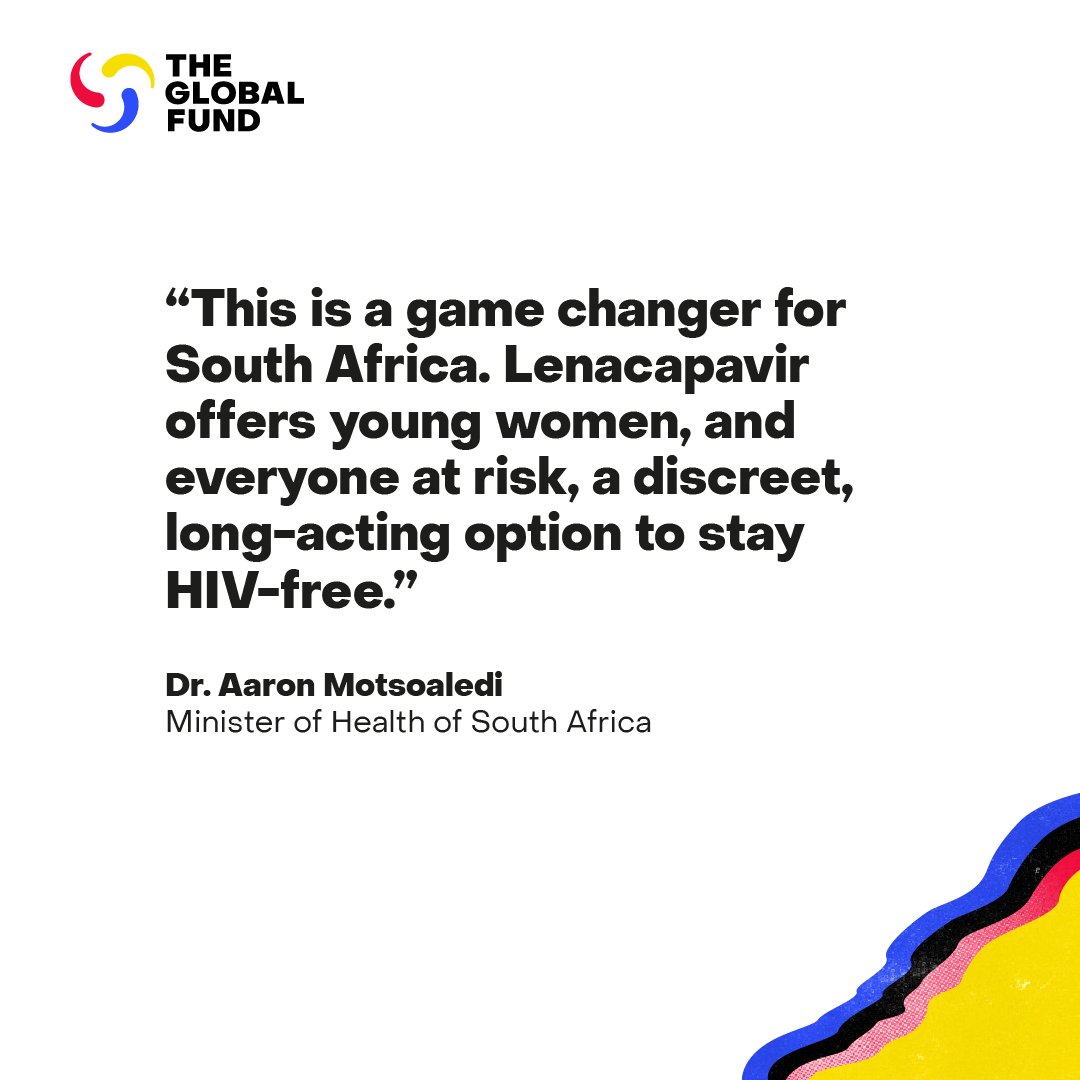 The Global Fund (@globalfund) on Twitter photo Just Announced: <a href="/GlobalFund/">The Global Fund</a> in Agreement with <a href="/GileadSciences/">Gilead Sciences</a> Secures Access to Breakthrough HIV Prevention Drug Lenacapavir for Low- and Middle-Income Countries
“This is a game-changer for South Africa. Lenacapavir offers young women, and everyone at risk, a discreet, Just Announced: <a href="/GlobalFund/">The Global Fund</a> in Agreement with <a href="/GileadSciences/">Gilead Sciences</a> Secures Access to Breakthrough HIV Prevention Drug Lenacapavir for Low- and Middle-Income Countries
“This is a game-changer for South Africa. Lenacapavir offers young women, and everyone at risk, a discreet,