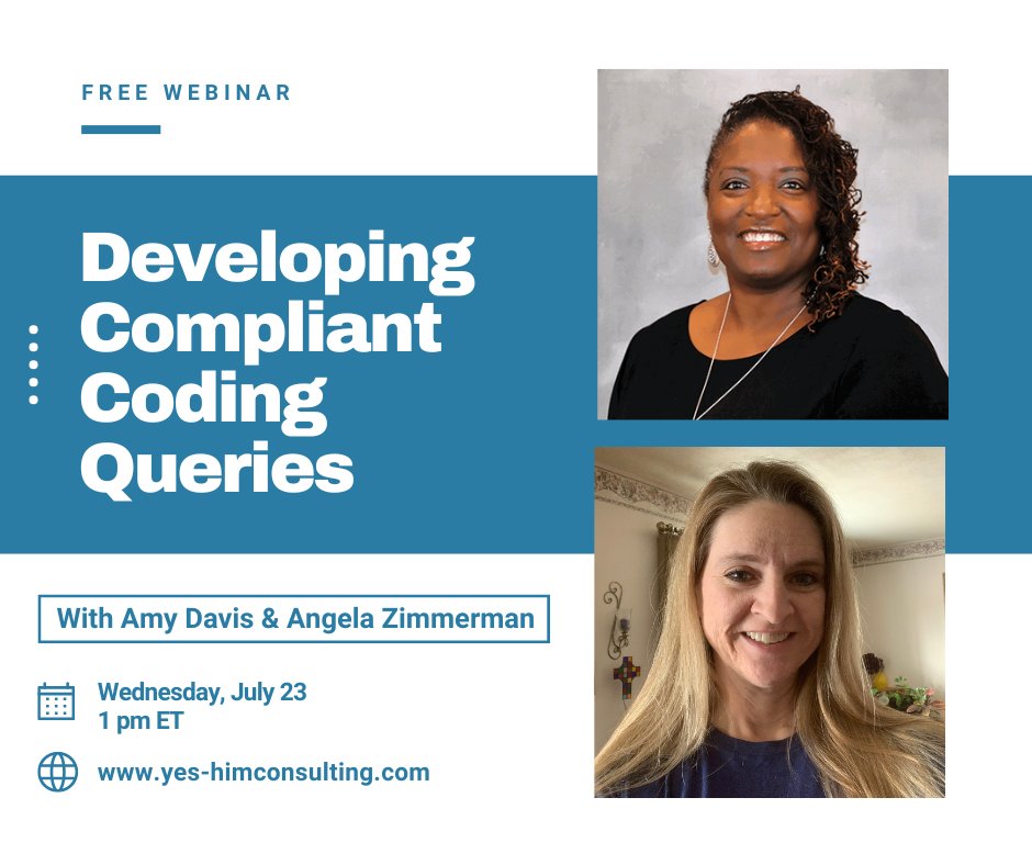 YesHIMconsult's tweet photo. 📢 Free Webinar! Learn how to develop compliant, well-structured coding queries.

📅 July 23 | 🕐 1 PM ET

Register now: https://t.co/SM0XTfkiKF

#YESHIMConsulting #HIMLeadership #CDI #CodingEducation #CompliantQueries #InpatientCoding #MedicalCodingWebinar #FreeWebinar https://t.co/MmBYmc57PW