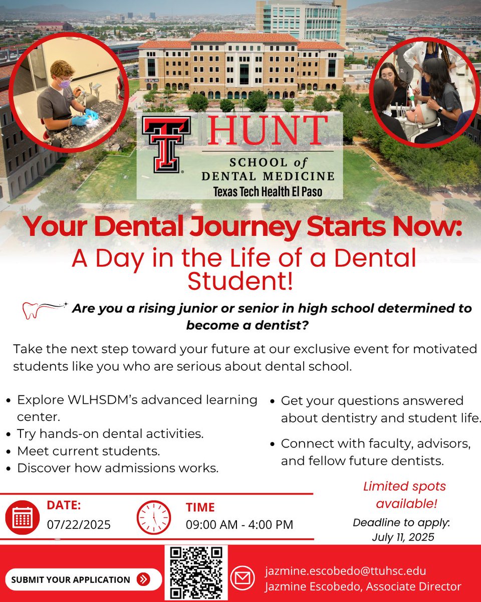 Calling all future Dentists🦷! Juniors and Seniors in ⁦<a href="/ELPASO_ISD/">El Paso ISD</a>⁩ are invited to spend the day at our TTUHSC-EP School of Dental Medicine! Submit your application today ⬇️!#CTEcreatesFutures