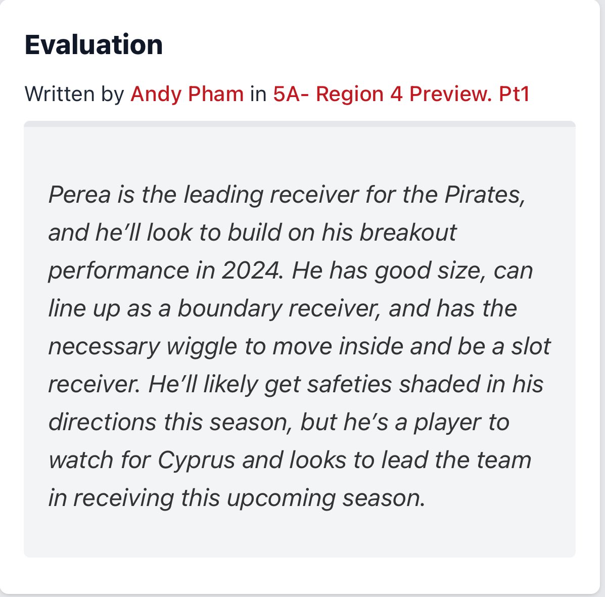 AidenPerea (@aidenperea_) on Twitter photo Thank you <a href="/Andy_Pham1/">Andy</a> and <a href="/PrepRedzoneUT/">Prep Redzone Utah</a> for the Evaluation. Feels great to get recognition for the work I have put in.
<a href="/BeehiveBuzz_/">BeehiveBuzz🐝</a> <a href="/CyprusHighFB/">Cyprus Pirates Football</a> <a href="/BrandonHuffman/">Brandon Huffman</a> <a href="/247recruiting/">247Sports Recruiting</a> <a href="/JoeyPereaUT/">JOEY PEREA</a> Thank you <a href="/Andy_Pham1/">Andy</a> and <a href="/PrepRedzoneUT/">Prep Redzone Utah</a> for the Evaluation. Feels great to get recognition for the work I have put in.
<a href="/BeehiveBuzz_/">BeehiveBuzz🐝</a> <a href="/CyprusHighFB/">Cyprus Pirates Football</a> <a href="/BrandonHuffman/">Brandon Huffman</a> <a href="/247recruiting/">247Sports Recruiting</a> <a href="/JoeyPereaUT/">JOEY PEREA</a>