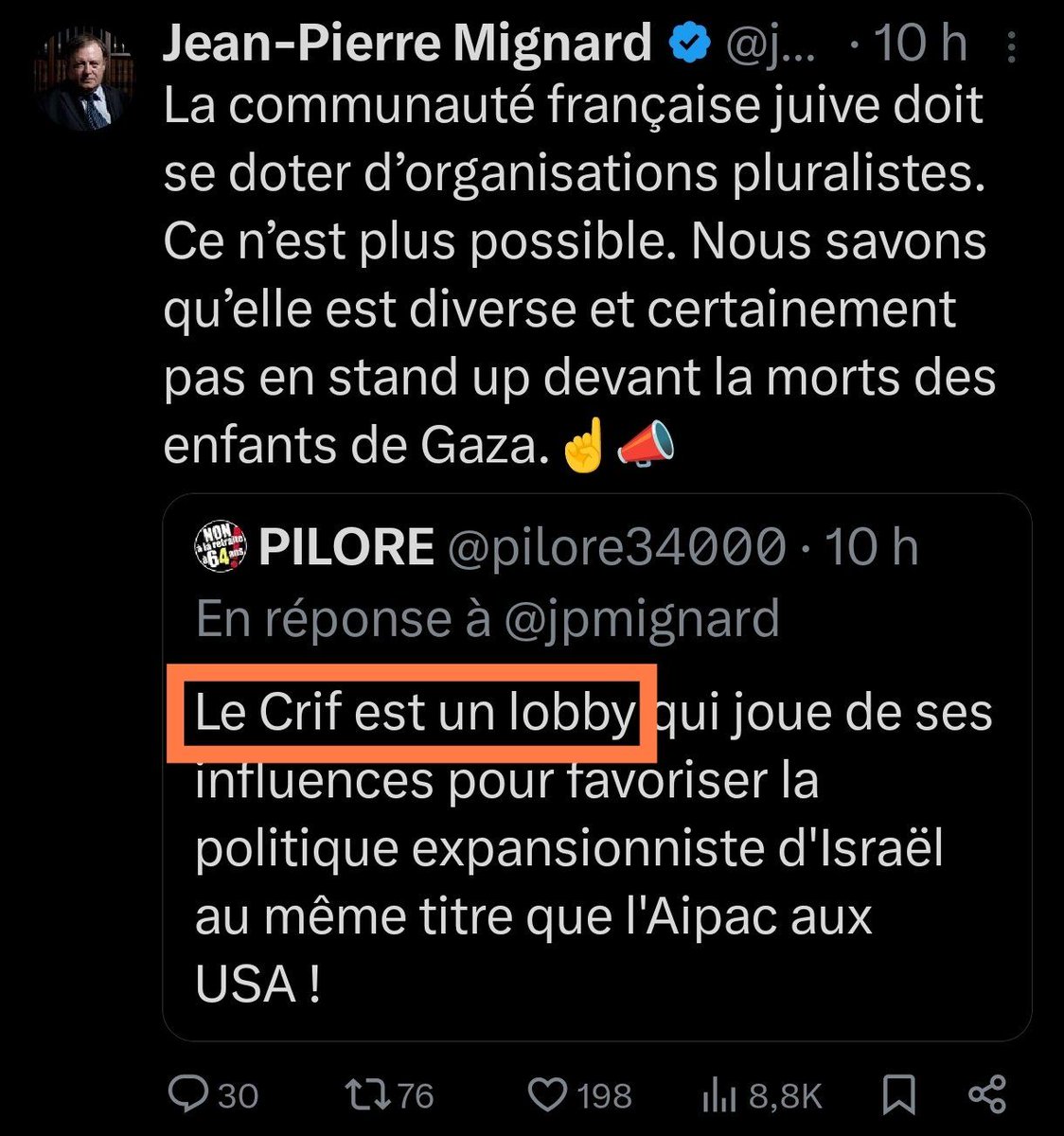 Halte à la Connerie (@halteconnerie) on Twitter photo <a href="/jpmignard/">Jean-Pierre Mignard</a> <a href="/YannBarte/">Yann Barte 🇺🇦🇹🇼 🎗️</a> <a href="/Linformatrice1/">Linformatrice</a> Donc quand il RT "Le CRIF est un lobby", il ne faut y avoir qu'une chose : la volonté d'aider la communauté juive française - qu'il aime tellement - à enfin mieux s'organiser
📣 ☝️ Ce n'est PAS la dénonciation d'un complot juif, ni de l'antisémitisme, ah non !
11/18⬇️ <a href="/jpmignard/">Jean-Pierre Mignard</a> <a href="/YannBarte/">Yann Barte 🇺🇦🇹🇼 🎗️</a> <a href="/Linformatrice1/">Linformatrice</a> Donc quand il RT "Le CRIF est un lobby", il ne faut y avoir qu'une chose : la volonté d'aider la communauté juive française - qu'il aime tellement - à enfin mieux s'organiser
📣 ☝️ Ce n'est PAS la dénonciation d'un complot juif, ni de l'antisémitisme, ah non !
11/18⬇️