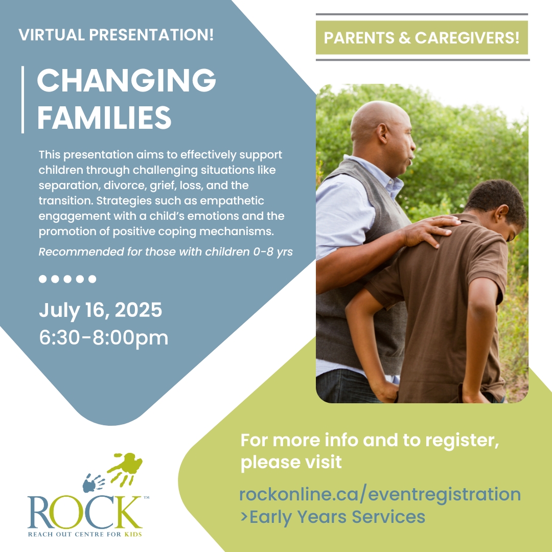 👉 Join Us for Changing Families! 👈

This presentation supports children through challenging situations like separation, divorce, grief, loss, and the transition.

Register at rockonline.ca/eventregistrat… &gt; Early Years Services