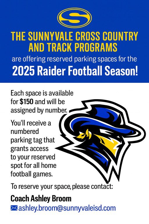 It’s time to get your reserved parking space for the 2025 Raider Football season!!