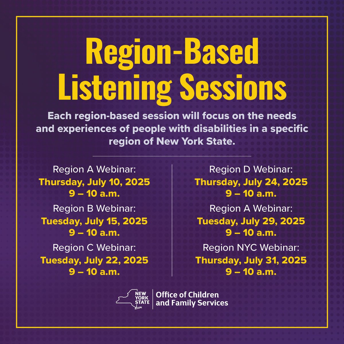 New York is working on a new Olmstead Plan and wants to hear from YOU! Find your region and join a virtual listening session to ensure people with disabilities can live in the community they choose, with the support they need. #NYSOCFS #ADA35

Register: forms.office.com/g/HE5eAUQ2b7