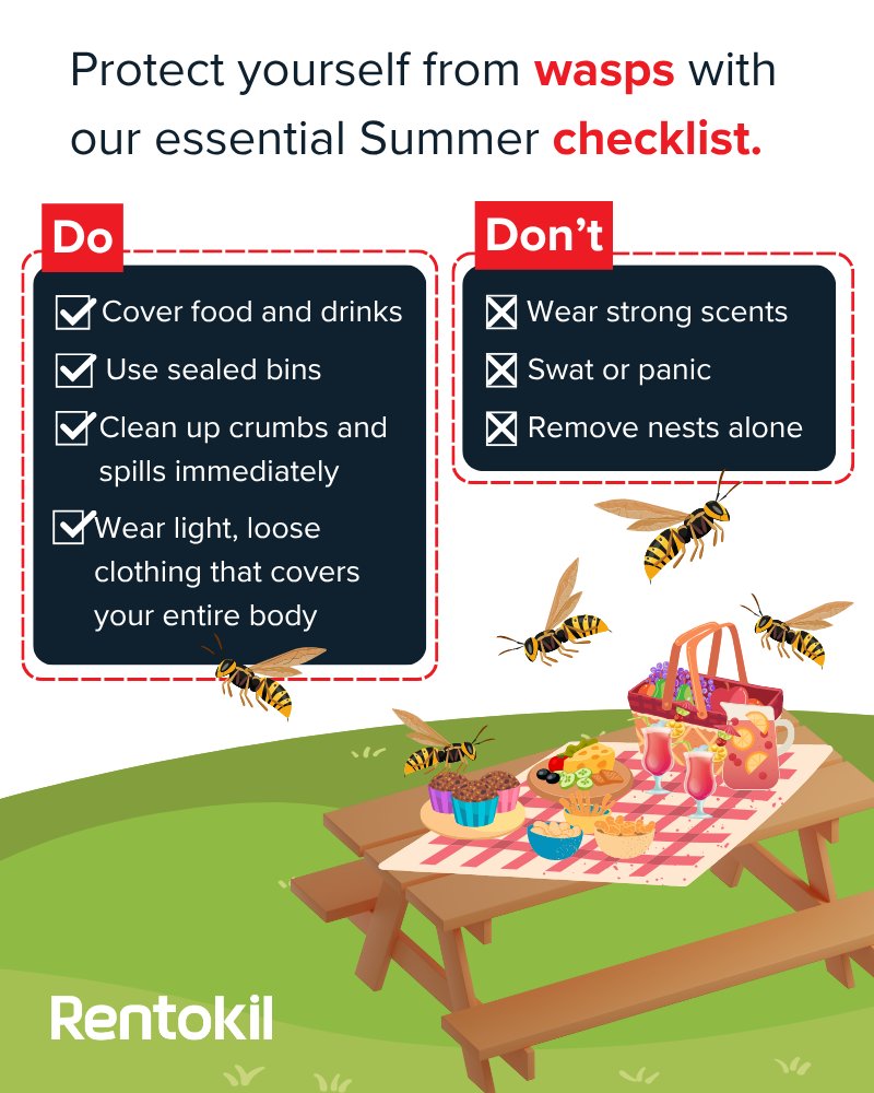 RentokilInitial's tweet image. Stay safe this summer with these quick dos and don’ts to keep wasps away 🐝☀️ 

Whether picnicking, barbecuing, or enjoying the sun, this checklist will help you avoid a sting!

#waspprevention #summertips #picnic #pestcontrol #Rentokil