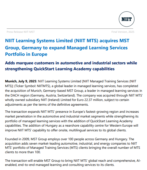 IndianStockEco's tweet image. 🚨NIIT Learning Systems:
👉#NIITLearningSystems Limited (NIIT MTS) acquires MST Group, Germany to expand Managed Learning Services Portfolio in Europe
#StocksToWatch #stocksinfocus #StockMarketIndia