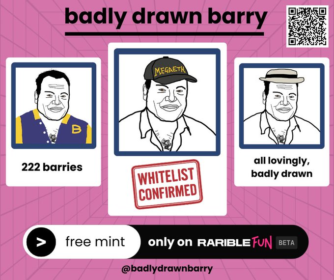 i'm whitelisted for the <a href="/badlydrawnbarry/">barry</a> main collection mint, coming soon to megaeth on <a href="/rarible/">Rarible</a> fun.

Barry has been a member of the <a href="/Showdown_TCG/">Showdown</a> family since day one, happy to be a part of his community ♥️

it's still not too late for you.

read the story. talk to barry ⤵️