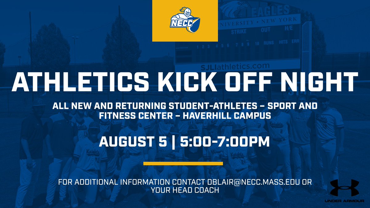 NECCKNIGHTS's tweet image. 🚨EVENT ALERT: The @northernessex Athletic Department will host its annual KICK OFF, Tuesday August 5th from 5:00-7:00pm.
Join Athletic Department Staff, Coaches and members of the Admissions & Enrollment team as kick off the new year.
