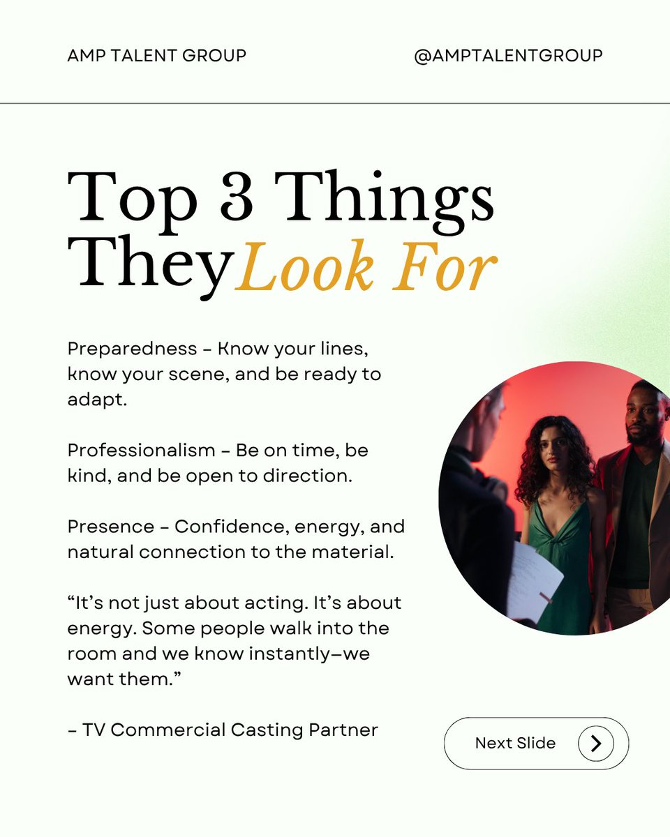 amptalentgroup's tweet image. 🔥 Want more casting tips or help prepping your portfolio?

📩 DM us or visit our website — let’s get you noticed.
.
.
.
.
.
.
#AMPTalent #CastingTips #WhatCastingDirectorsWant #ActorsLife #BookedAndBusy #CastingReady #RepresentationMatters
