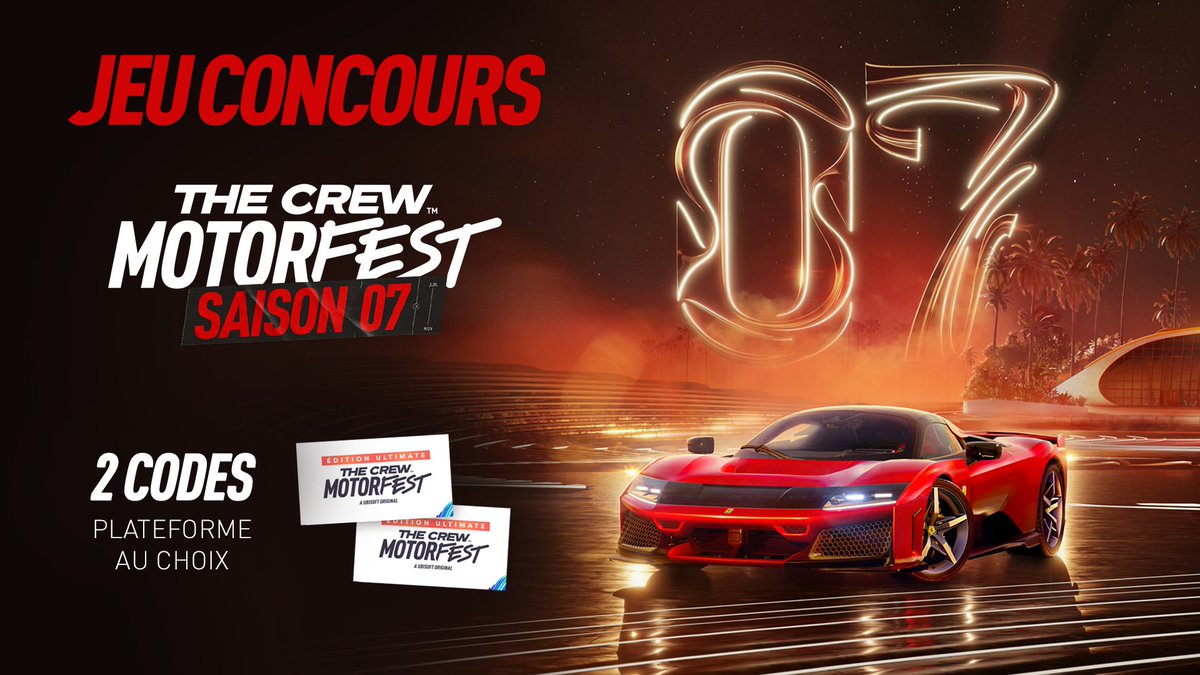 JEU CONCOURS 🏎️💨
Pour fêter la Saison 7 de The Crew Motorfest, on vous offre 2 codes de l'Édition Ultimate sur la plateforme de votre choix ! 🎁

Pour participer : 
❤️ Liker le post
💬 Commenter avec 🏁
✅ S'abonner à <a href="/TheCrewFR/">The Crew FR</a>