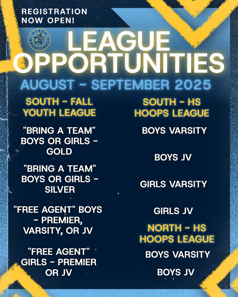 Get Game Ready! 🏀

League opportunities designed to get you more reps, competition, and growth are HERE!

Whether preparing for school or recreational teams, STARS can help sharpen skills and build confidence.

Visit starsbasketballclub.com then see "LEAGUES" page.