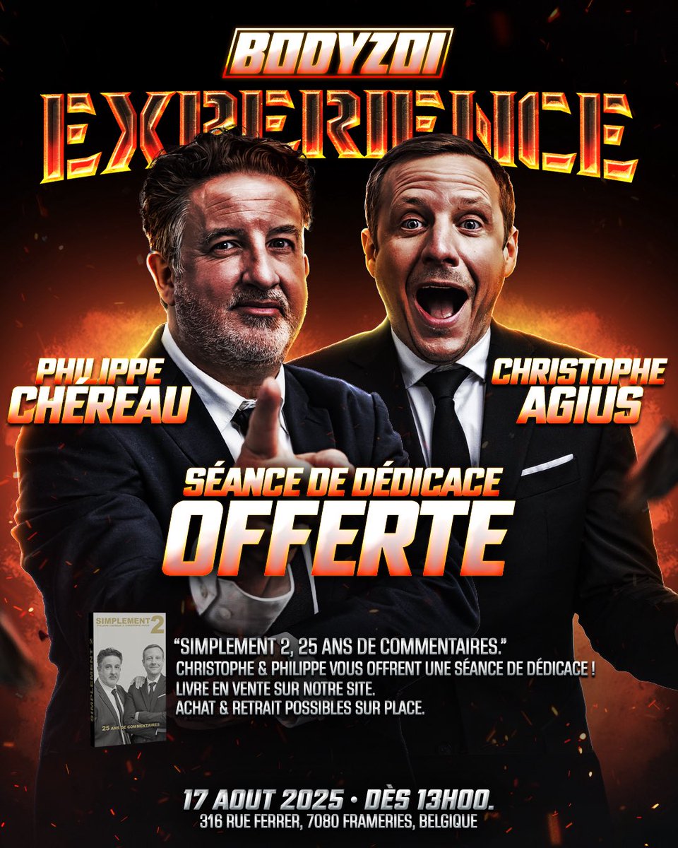 🔥 Ils ont raconté l’histoire du catch… Venez écrire la vôtre. 🔥

Philippe Chéreau &amp; Christophe Agius seront à BODYZOI EXPERIENCE pour une séance de dédicace exceptionnelle! Les voix mythiques du catch francophone viennent à votre rencontre pour un moment unique, intime et 100