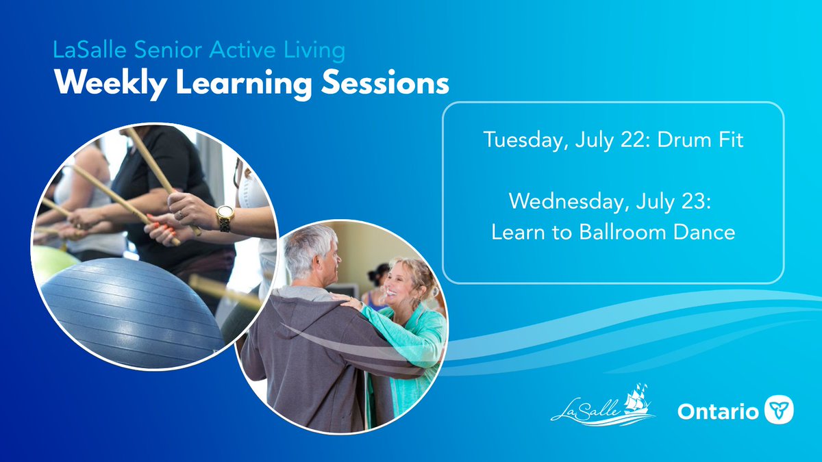 We are offering free programs to promote active living for seniors. Ages 55+ 
Registration is open:  

Tuesday, July 22, Drum Fit
Location: Vollmer Centre
Visit: ow.ly/UjUS50Wcq3Z

Wednesday, July 23, Learn to Ballroom Dance
Location: Vollmer Centre
ow.ly/URye50Wcq40
