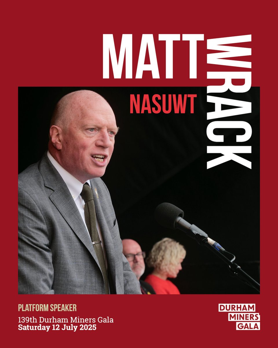 DurhamGala's tweet photo. We look forward to hearing Matt Wrack speak from the platform at the 139th #DurhamMinersGala.

Matt is acting general secretary of the teachers union @NASUWT.
 
The speeches get underway on the Racecourse at 1pm on Saturday 12 July.

Full details:
https://t.co/Sy39Pqovpn https://t.co/nEbocZYzIM