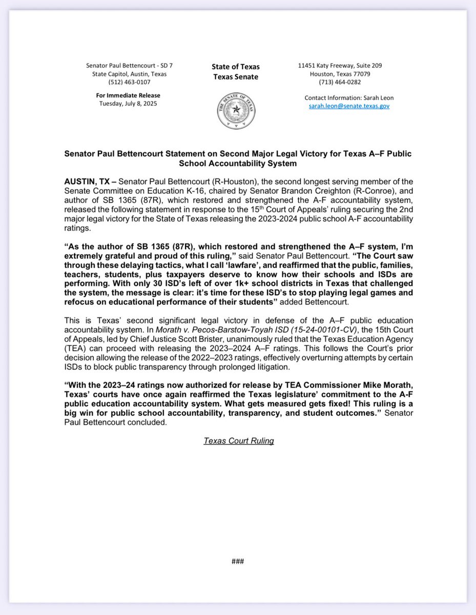 Team Bettencourt (@teambettencourt) on Twitter photo ICYMI: 15th Court of Appeals case ruled AGAIN Texas ISDs is to release their public school accountability ratings! âś…
<a href="/TPPF/">Texas Public Policy Foundation</a> @texas2036 <a href="/Commit2Dallas/">Commit Partnership</a> <a href="/GHPartnership/">Greater Houston Partnership</a> A district court’s “lawfare” ruling has been OVERTURNED by the 15th Court of Appeals in Morath v. ICYMI: 15th Court of Appeals case ruled AGAIN Texas ISDs is to release their public school accountability ratings! ✅
<a href="/TPPF/">Texas Public Policy Foundation</a> @texas2036 <a href="/Commit2Dallas/">Commit Partnership</a> <a href="/GHPartnership/">Greater Houston Partnership</a> A district court’s “lawfare” ruling has been OVERTURNED by the 15th Court of Appeals in Morath v.