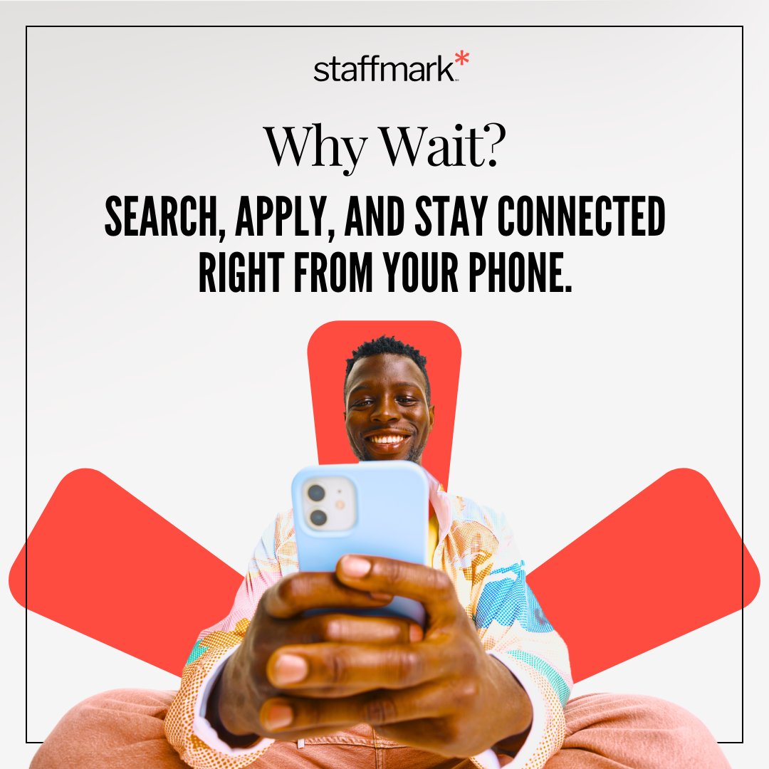STAFFMARK's tweet photo. Why wait? ➡️ https://t.co/3VO5TXe5nZ
Search, apply, and stay connected right from your phone.

Download our WorkNOW app and simplify your job search.

#WorkNOW #ApplyAnywhere #JobSearchMadeEasy https://t.co/VPdooh6VTD