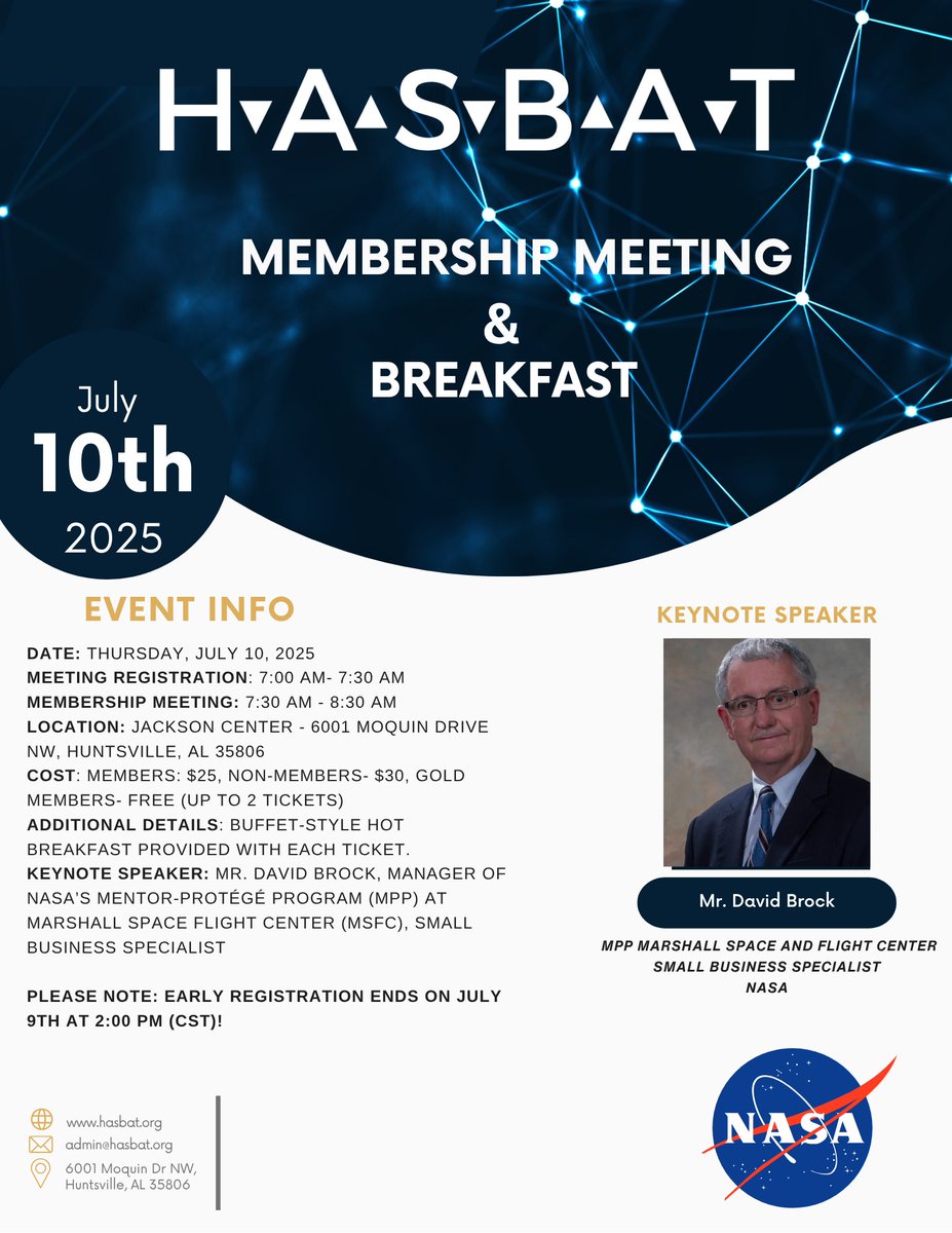 2018HASBAT's tweet photo. ⏰Last Call to Register – July Membership Meeting

Start your day with strategic insights and high-impact networking.
Haven’t RSVP’d yet? There’s still time—secure your spot now.
🔗 https://t.co/0XN5hERFsY 

#HASBAT #SmallBusinessAdvocacy #HuntsvilleEvents #GovConConnections https://t.co/GtC5Yy1Kvx
