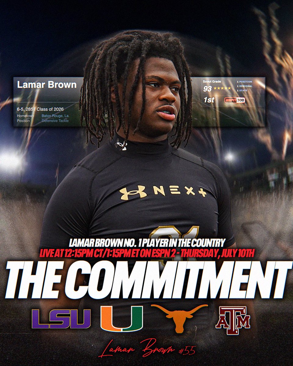 Billy Tucker (@theucreport) on Twitter photo Tomorrow is decision day for Lamar Brown - the No. 1 prospect in the ESPN 300 👀 <a href="/lamar1brown/">Lamar Brown</a>
LSU, Miami, Texas, and Texas A&M are the finalists. Tune into ESPN2 at 12:15pm CT for a live announcement of where home will be. Tomorrow is decision day for Lamar Brown - the No. 1 prospect in the ESPN 300 👀 <a href="/lamar1brown/">Lamar Brown</a>
LSU, Miami, Texas, and Texas A&M are the finalists. Tune into ESPN2 at 12:15pm CT for a live announcement of where home will be.