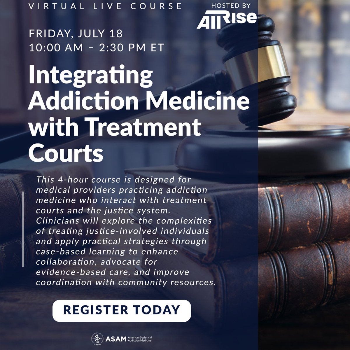 ASAMorg's tweet image. Don't miss the July live course >> ow.ly/k3iu50WlP8J
#ASAM #AllRise #AddictionMedicine #AddictionTreatment #TreatmentCourts