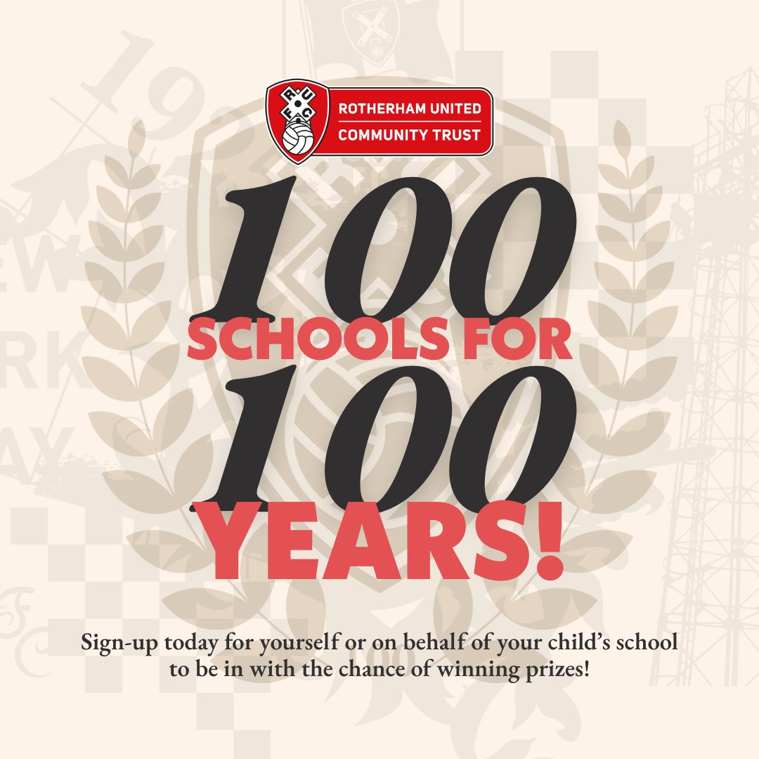RUFC_CT's tweet photo. PARTICIPATION | We need YOUR help!👇

As part of our Centenary celebrations, we want to visit 100 Schools in Rotherham!

You can sign up for yourself or on behalf of your school to win some amazing prizes!

For the chance of winning, sign up here 🔗 https://t.co/onefL6FLtP https://t.co/LJ1hLdbEgI