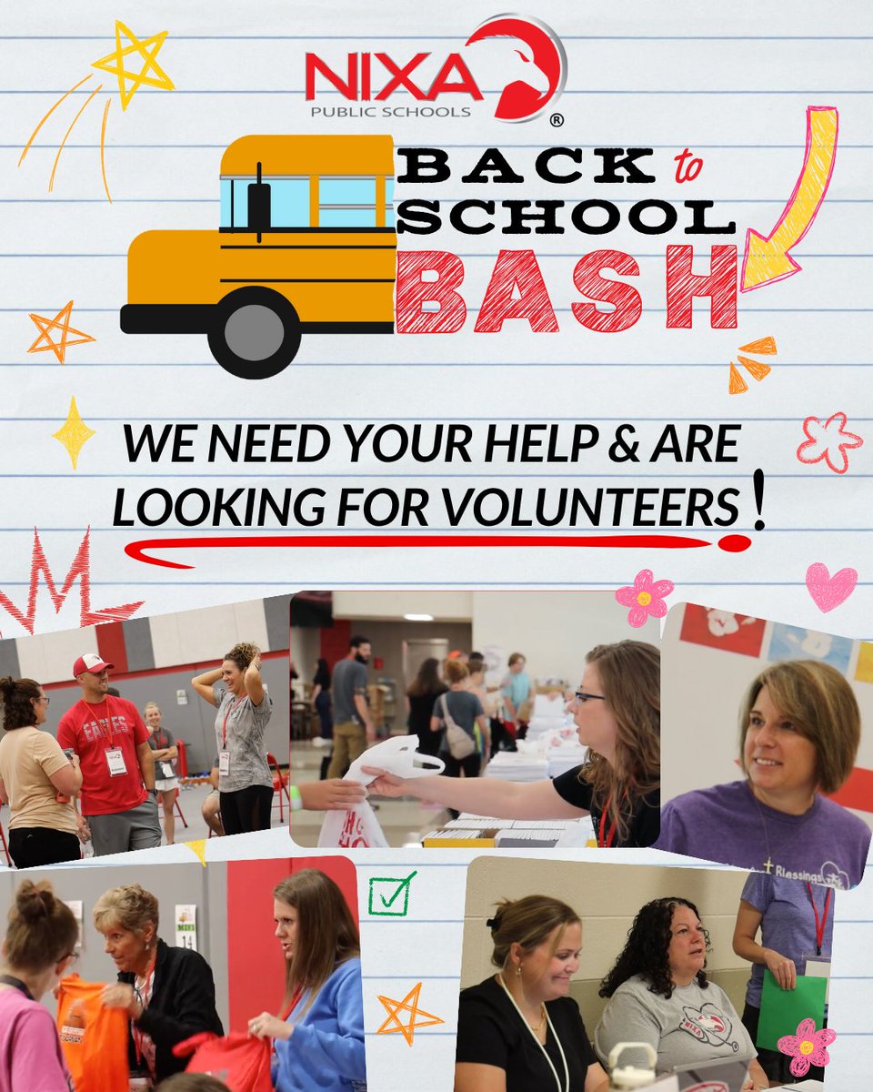 ✏️ Ready to make a difference? Join our fantastic team of volunteers on Saturday, Aug. 2, for the Nixa Back to School Bash—where fun meets purpose! 🙌  Sign up now at Nixa.Red/Volunteer 🦅