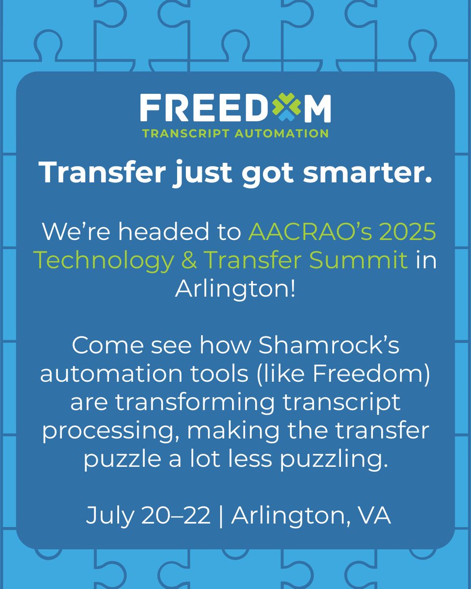 We’re heading to AACRAO’s 2025 Technology &amp; Transfer Summit in Arlington to show how Freedom and our automation tools make transcript processing faster and easier.

📍 Join us July 20–22 in Arlington, TX to see what smarter transfer workflows really look like!